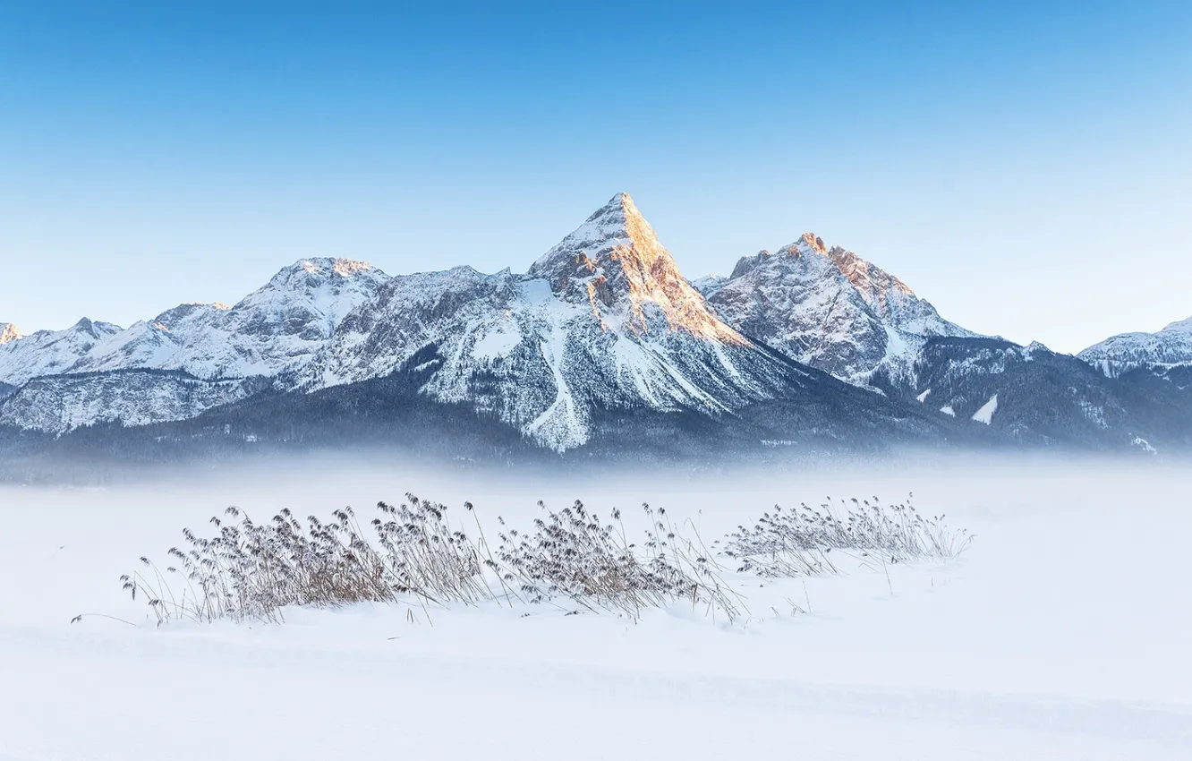 Photo wallpaper winter, the sky, grass, snow, landscape, mountains, nature, rocks