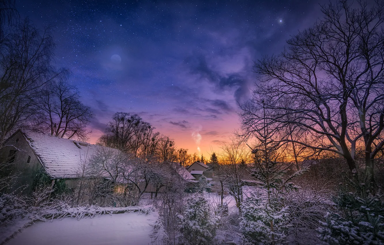 Photo wallpaper winter, snow, trees, landscape, nature, dawn, home, morning