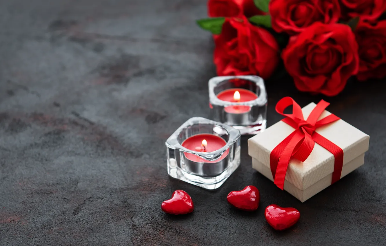 Photo wallpaper holiday, gift, romance, candles, hearts, red, roses, Olena Rudo
