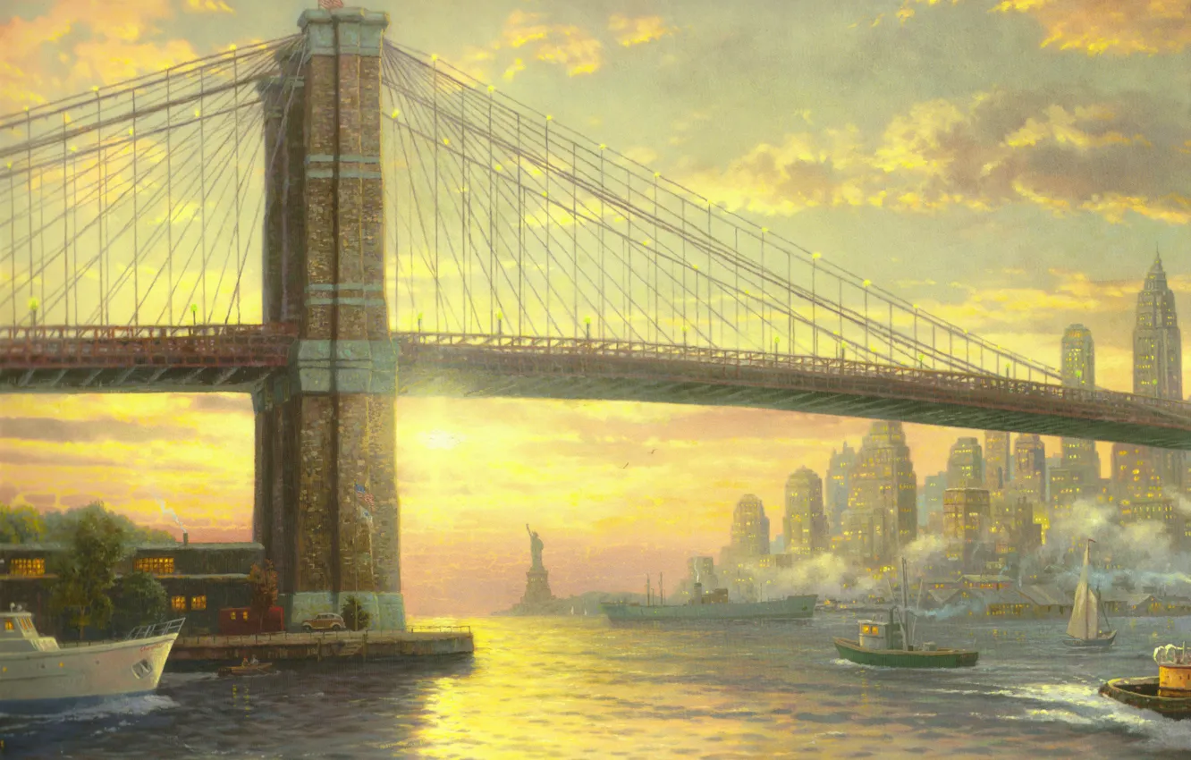 Photo wallpaper bridge, city, the ocean, building, New York, flag, boat, sail