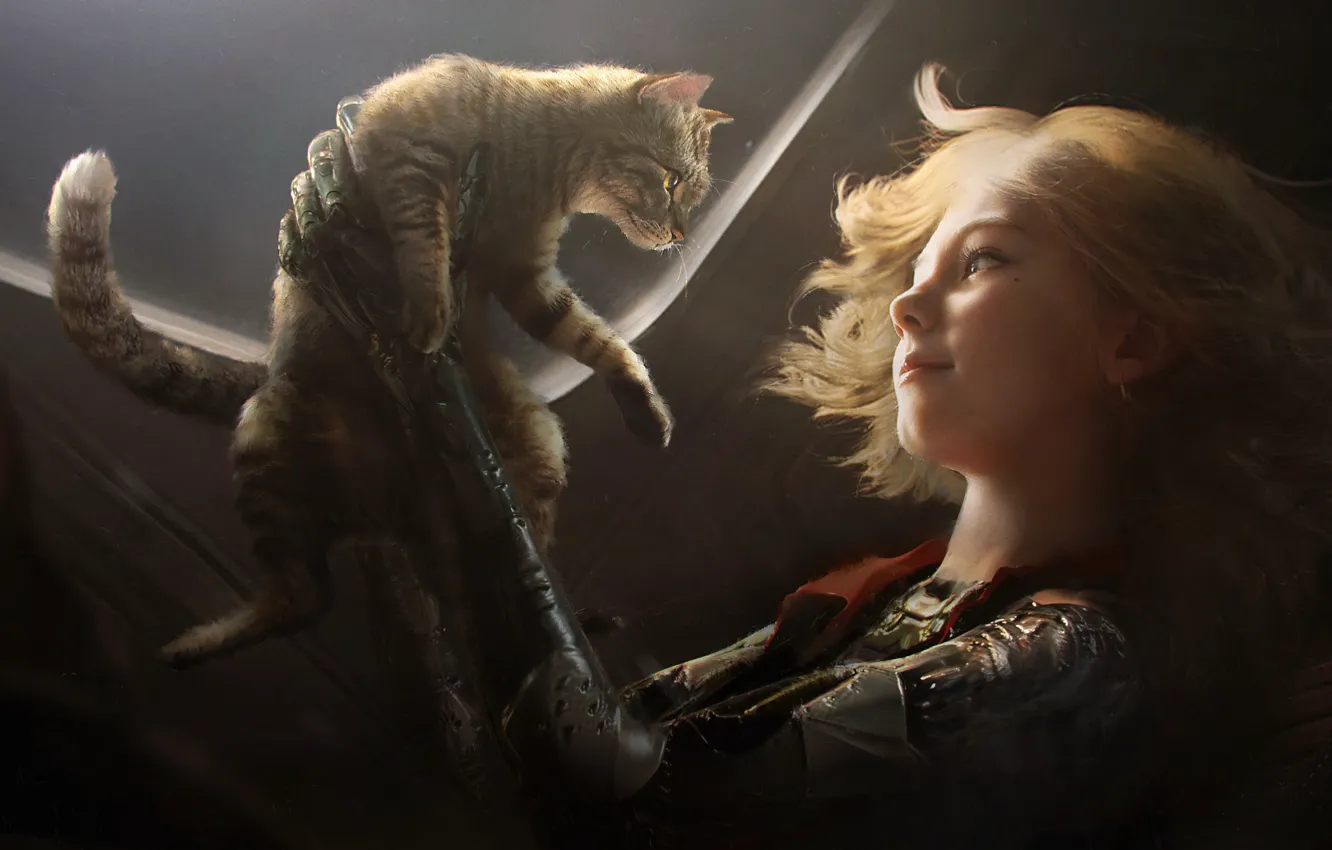 Photo wallpaper Girl, The game, Cat, Blonde, Cats, Cat, Style, Face