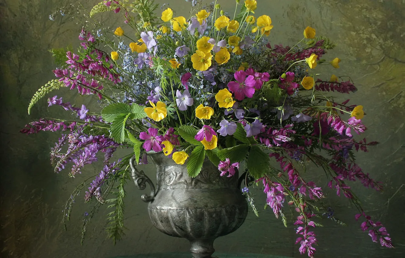 Photo wallpaper flowers, yellow, sprig, table, bouquet, vase, pink, still life