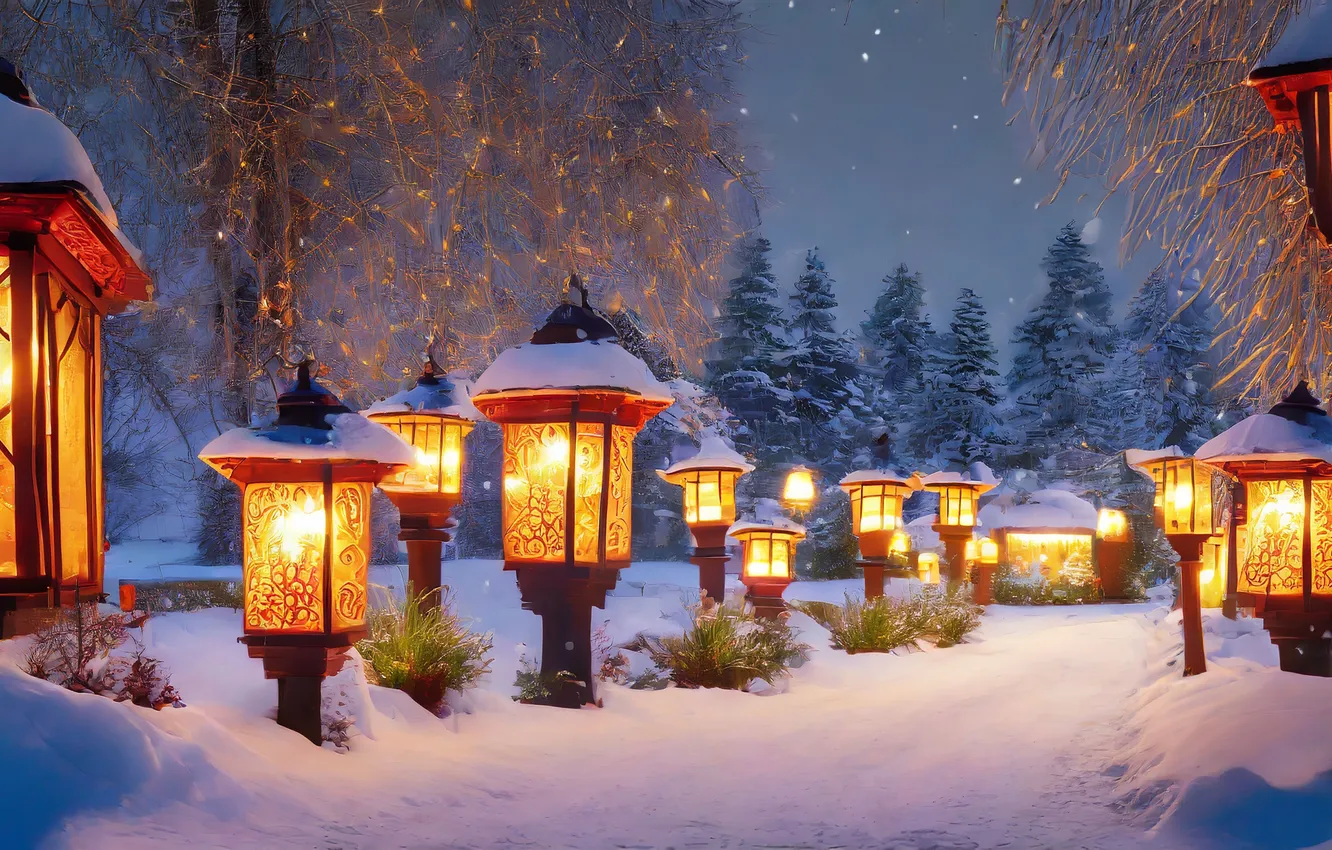 Photo wallpaper winter, snow, night, new year, Christmas, lights, Christmas, night