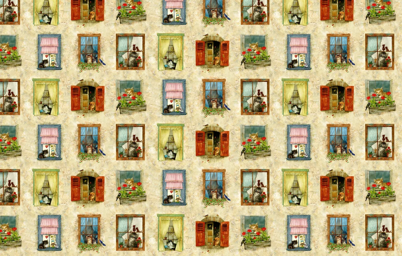 Photo wallpaper flowers, house, mood, Windows, texture, art, kittens, children's
