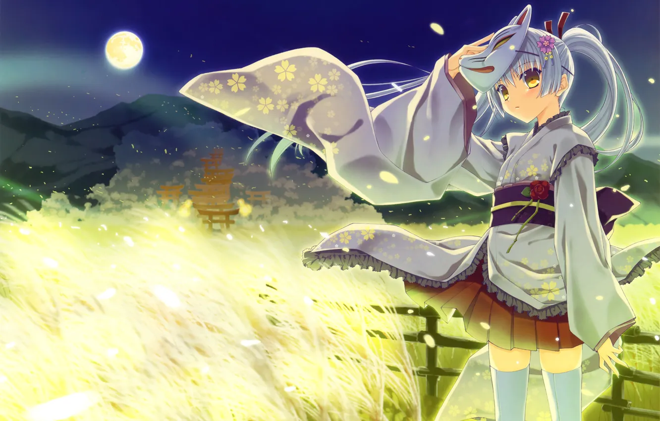 Photo wallpaper field, girl, flowers, mountains, night, nature, the moon, roses