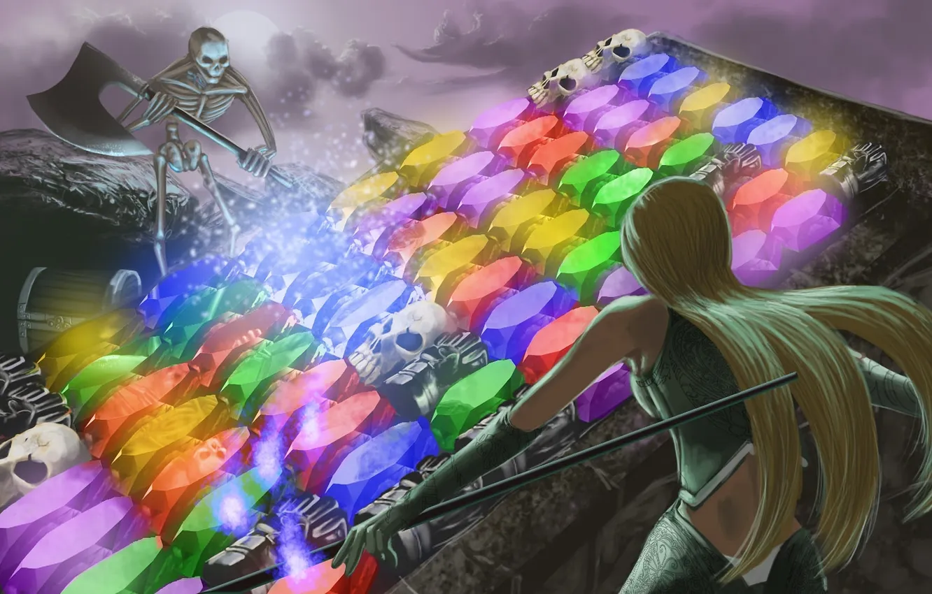 Photo wallpaper girl, mountains, the moon, skull, fight, art, skeleton, crystals