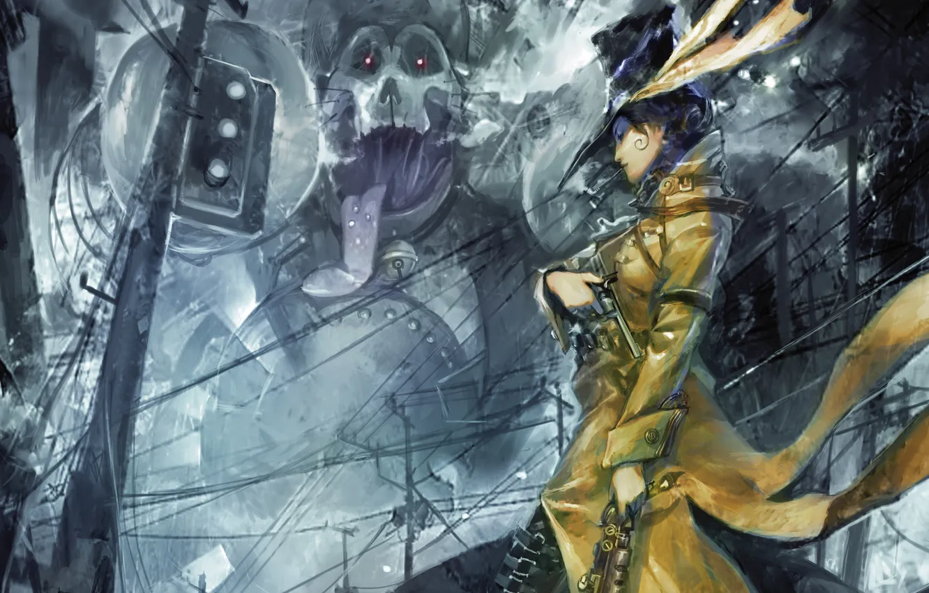 Photo wallpaper girl, the city, gun, wire, monster, tube, hat, traffic light