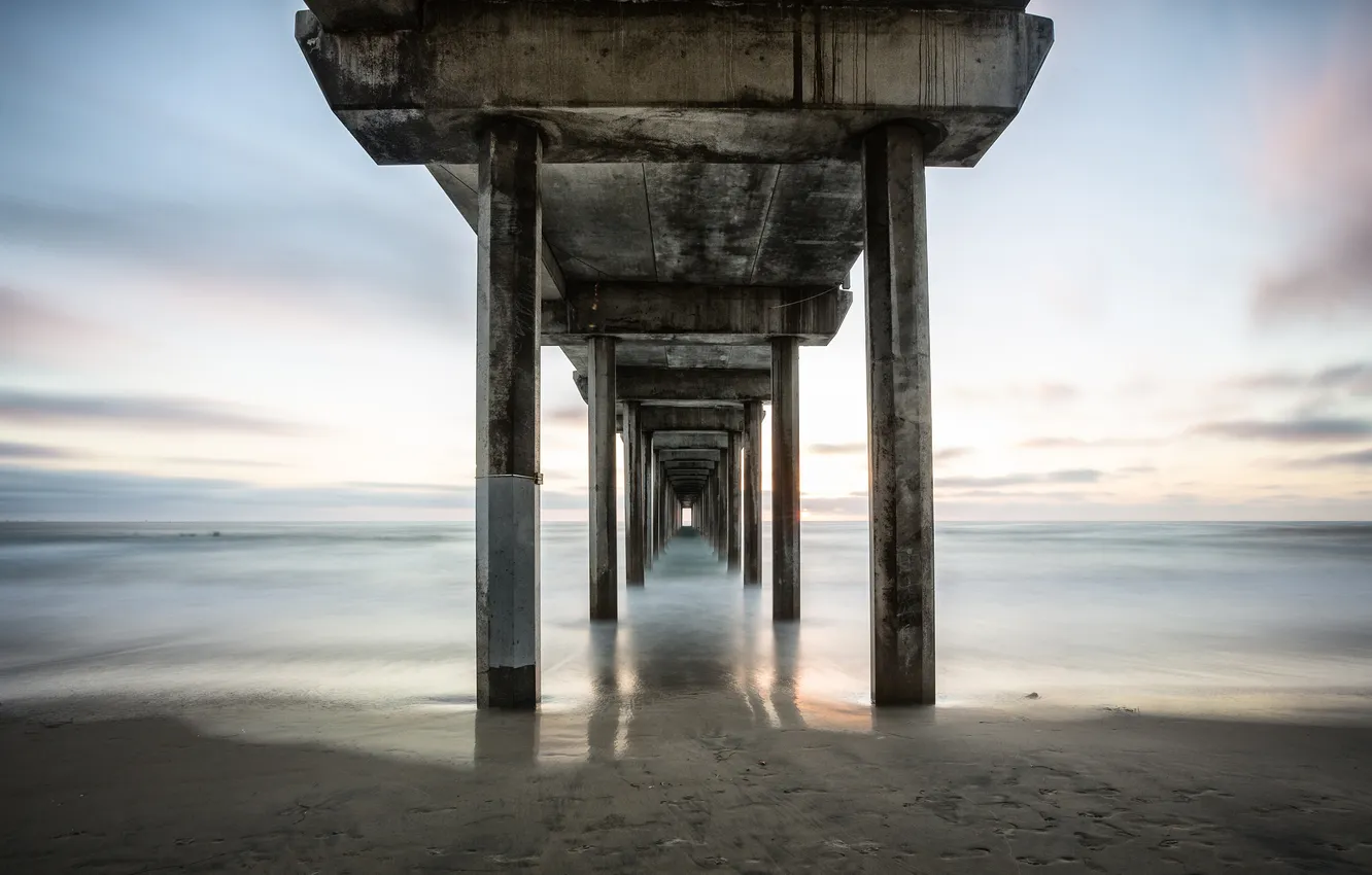 Photo wallpaper sand, sea, the sky, water, bridge, shore, support