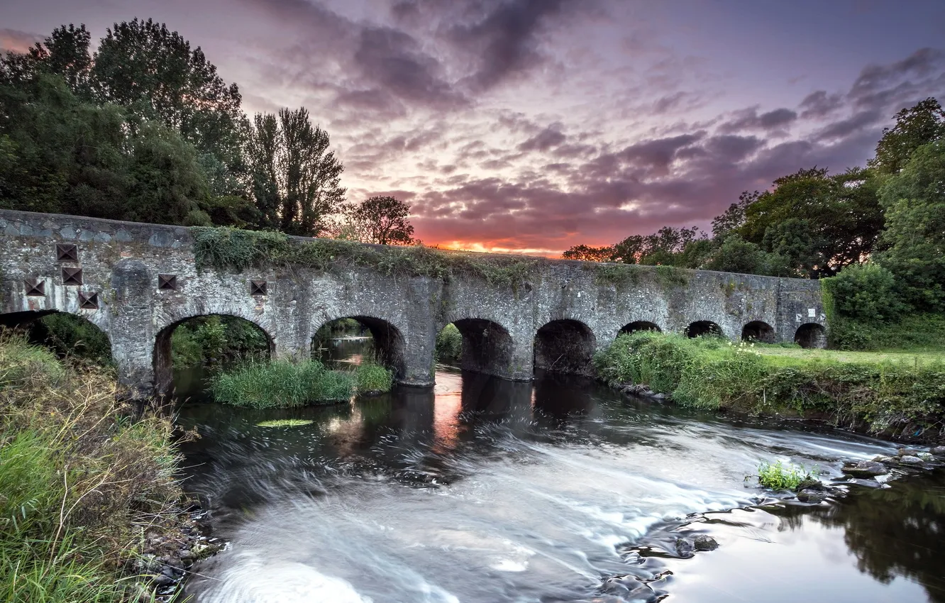 Photo wallpaper sunset, bridge, river