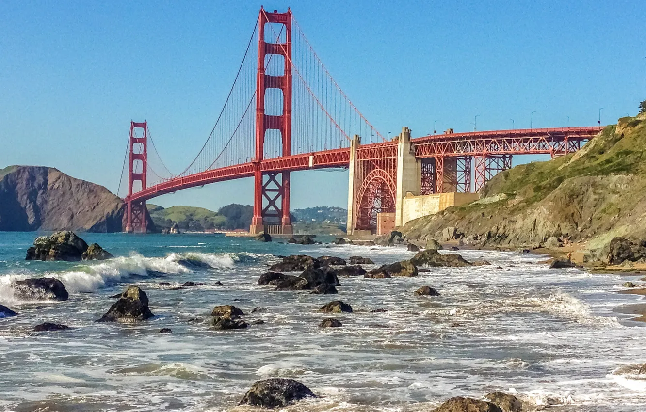 Photo wallpaper wave, Strait, stones, rocks, San Francisco, USA, the Golden Gate bridge