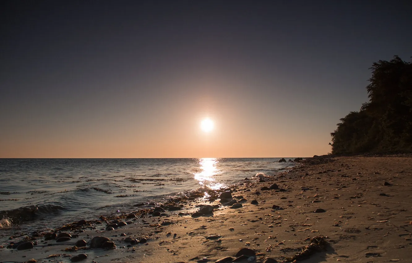 Photo wallpaper sand, sea, stones, morning, surf