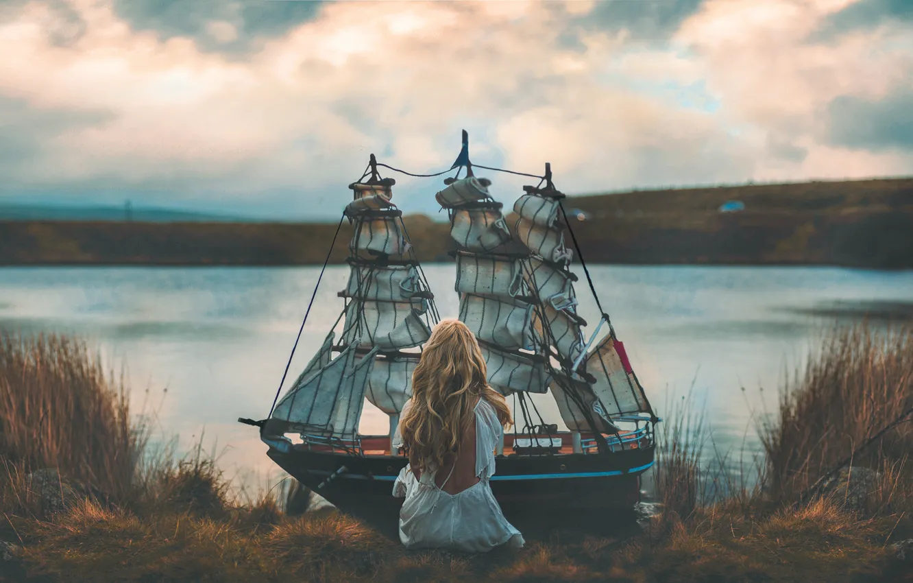Photo wallpaper girl, background, ship