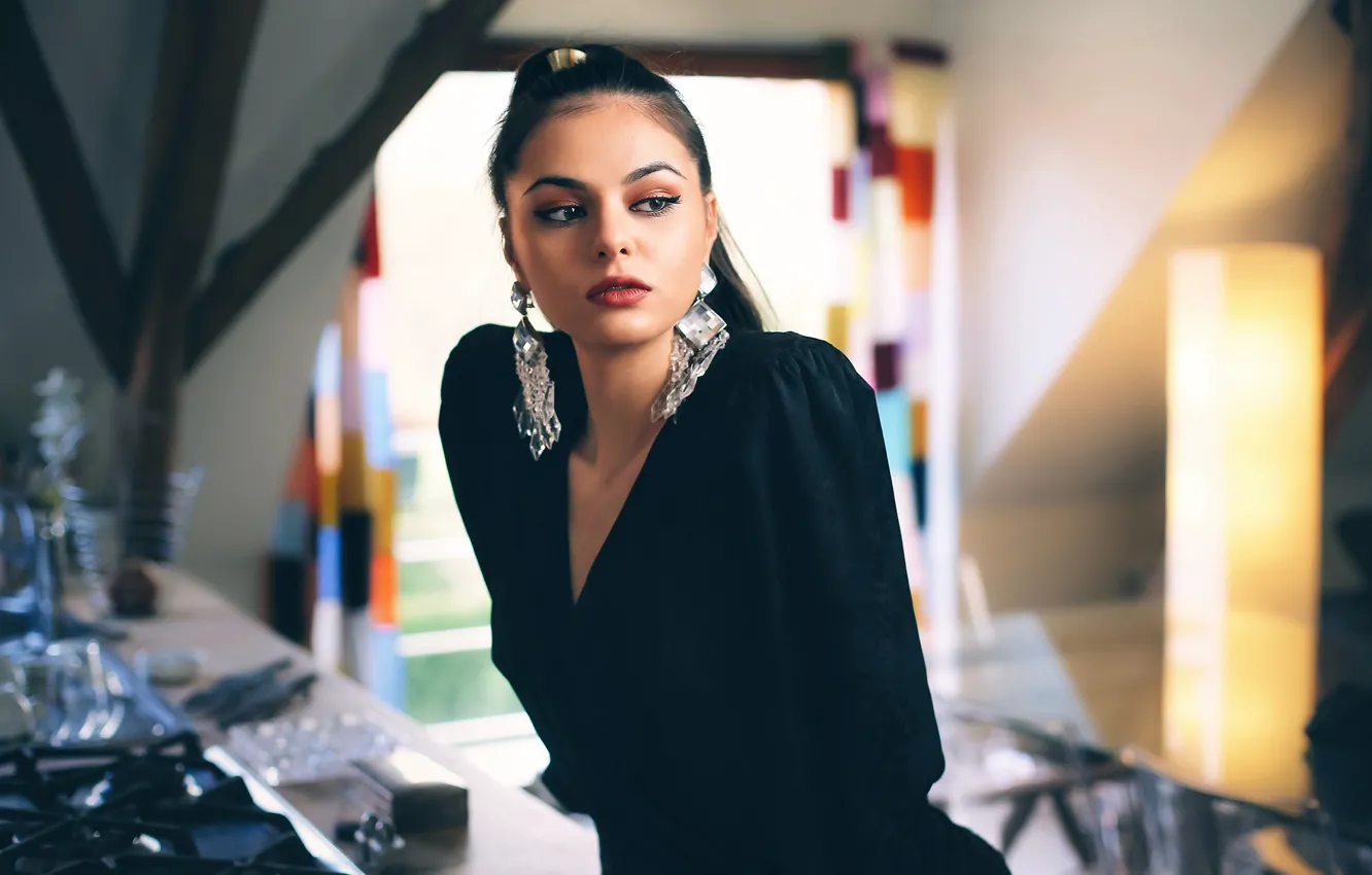 Photo wallpaper look, girl, face, pose, arrows, model, earrings, makeup