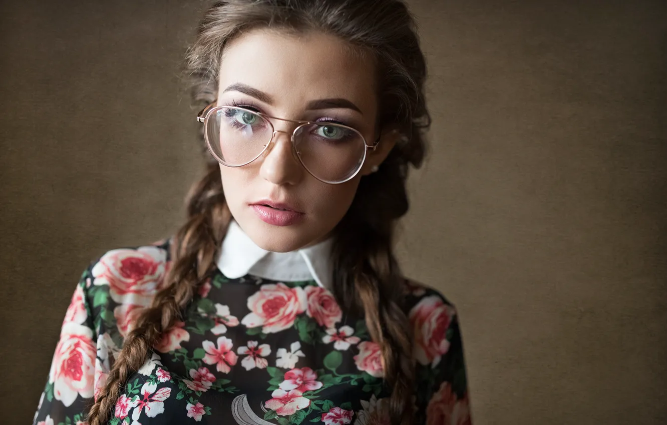 Photo wallpaper look, girl, face, background, portrait, glasses, braids, Dmitry Shulgin