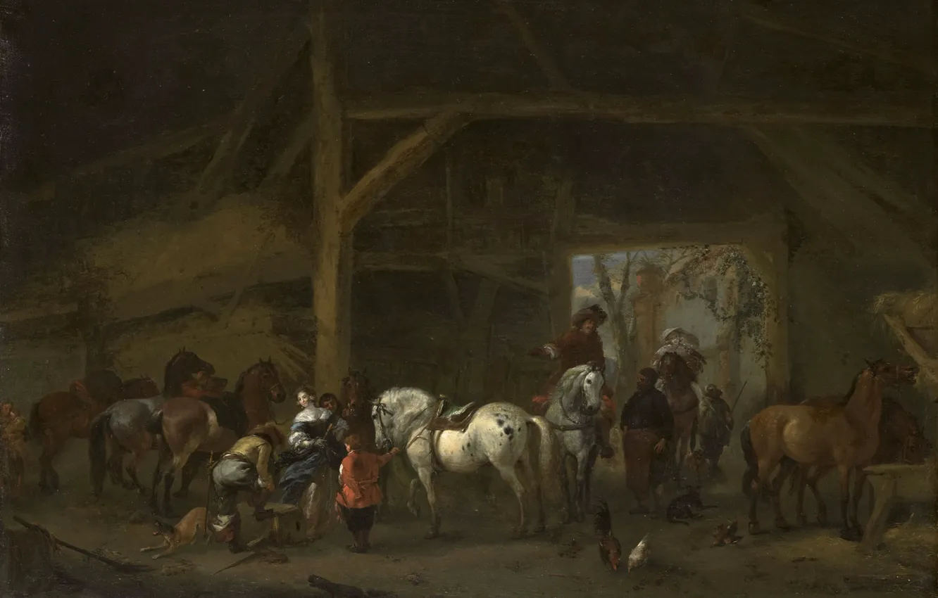 Photo wallpaper trees, animal, oil, picture, Philips Bowerman, Horses in the Stable