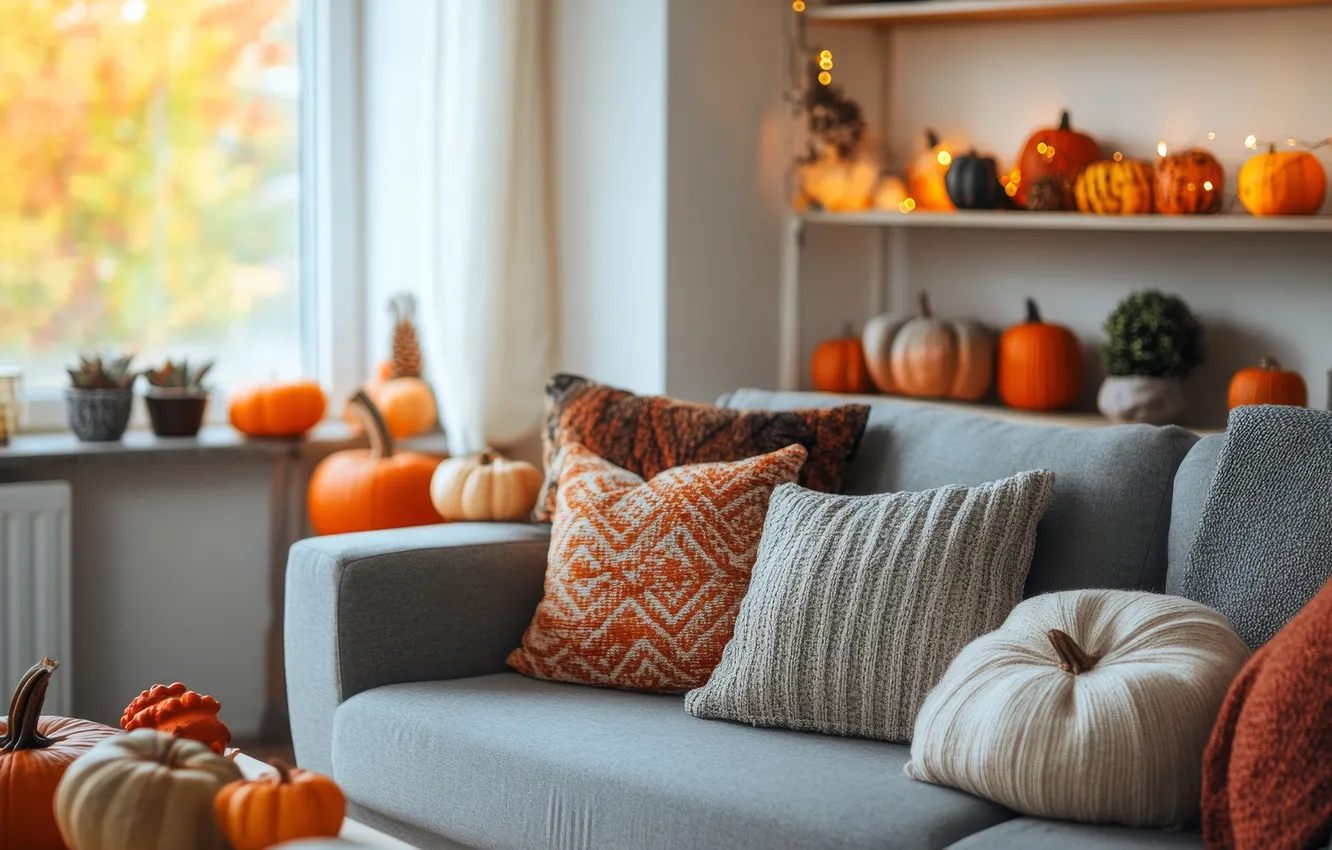 Photo wallpaper autumn, room, sofa, interior, pillow, window, pumpkin, Halloween