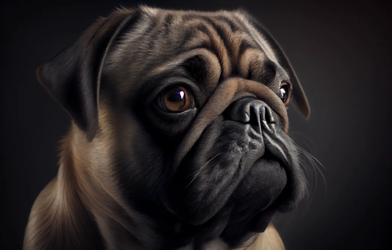 Photo wallpaper look, portrait, dog, pug, face, AI art, neural network