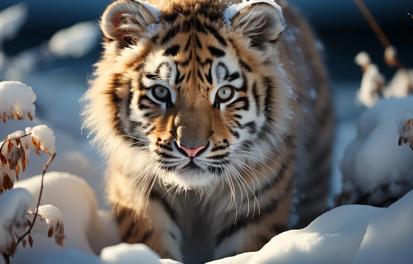 Photo wallpaper winter, look, light, snow, branches, nature, tiger, the snow