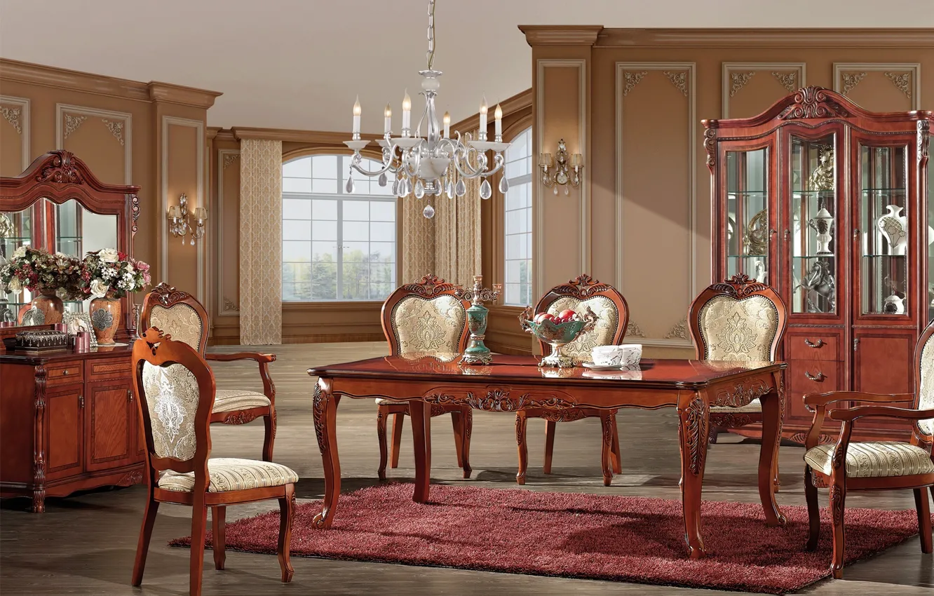 Photo wallpaper table, furniture, chairs, interior, mirror, chandelier, vases, interior