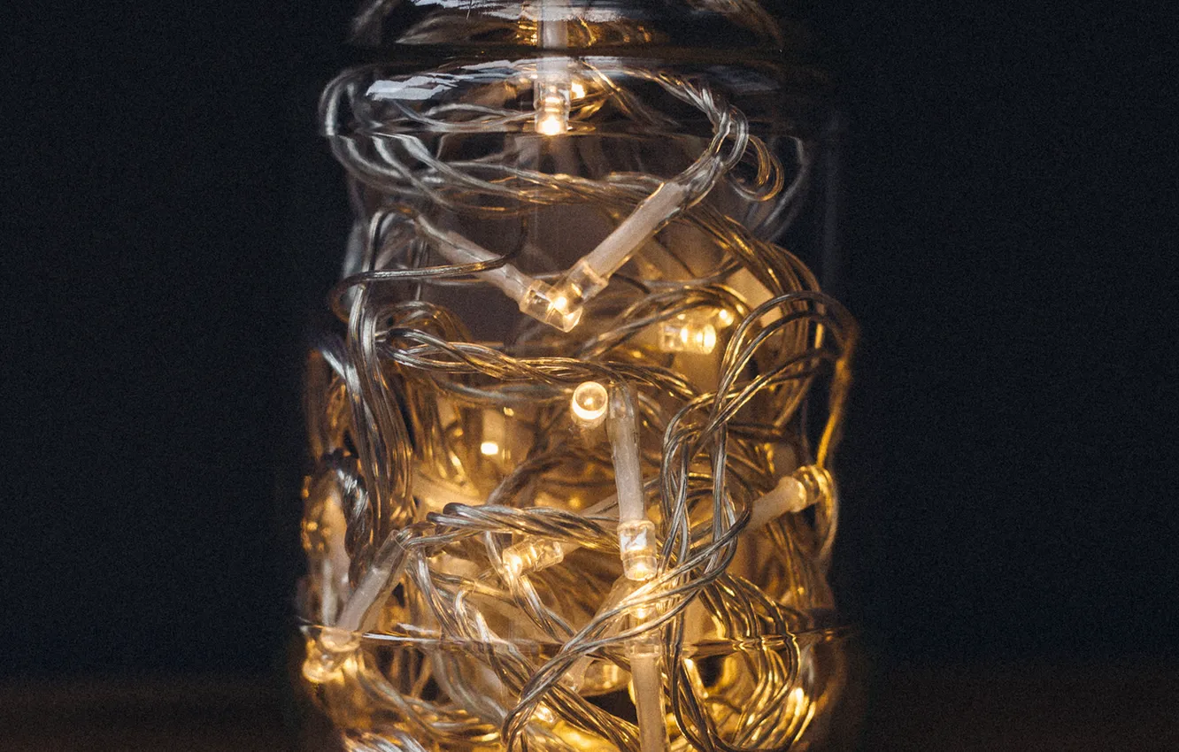 Photo wallpaper lights, wood, table, jar