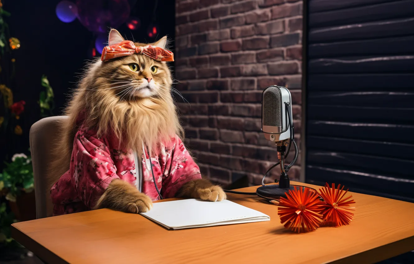 Photo wallpaper cat, look, pose, paper, the dark background, table, wall, brick