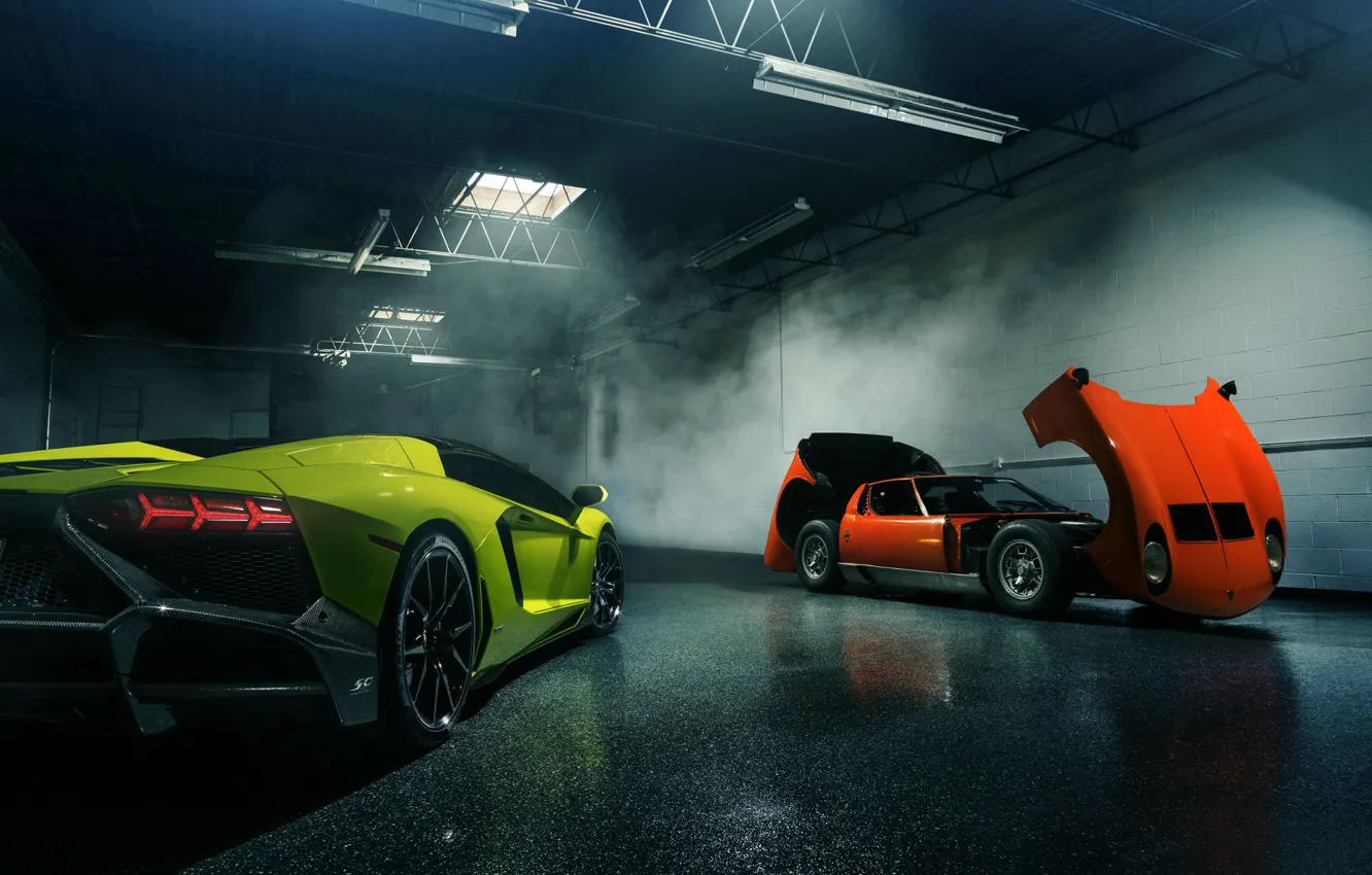 Photo wallpaper Lamborghini, Orange, Green, Miura, Aventador, Supercars, LP720-4, 50 Anniversario