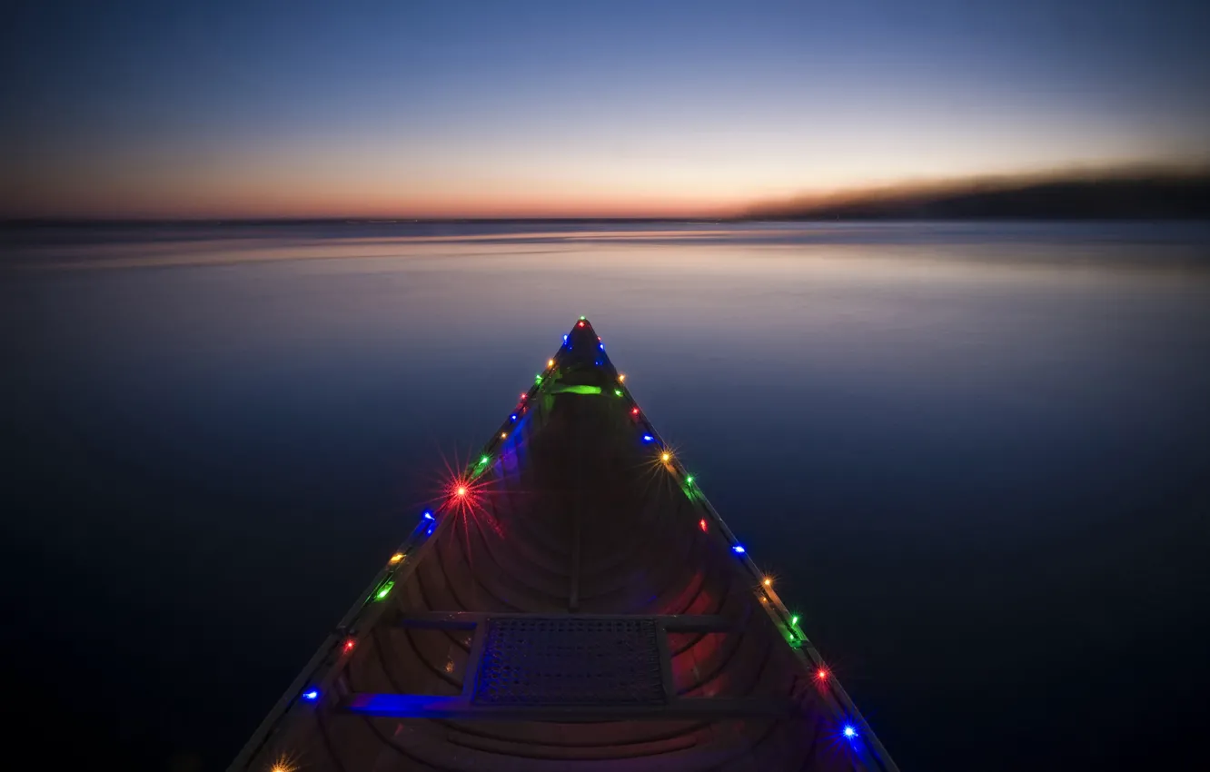 Photo wallpaper river, boat, colorful, in the lights