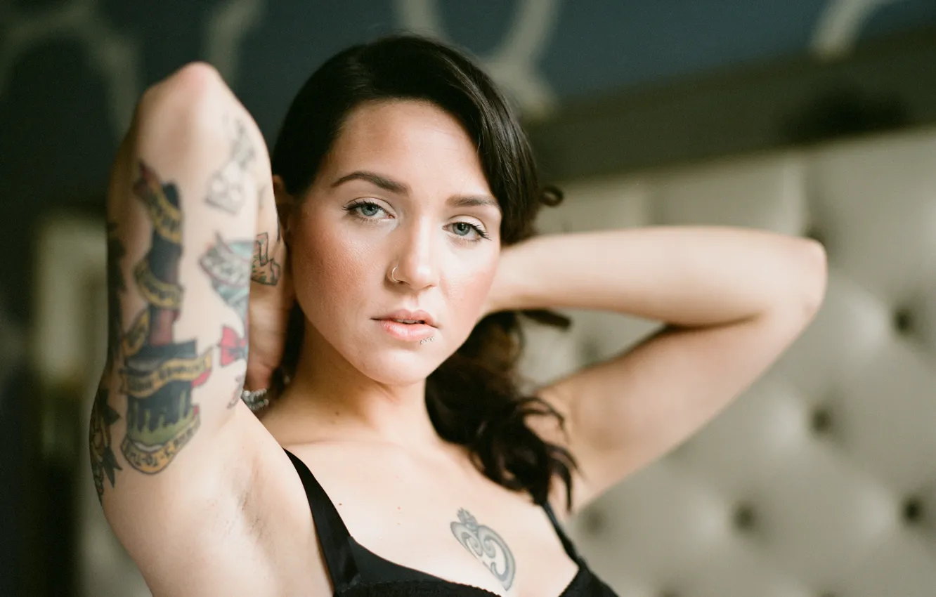 Photo wallpaper girl, bra, woman, model, tattoo, bokeh, bedroom, tattoos