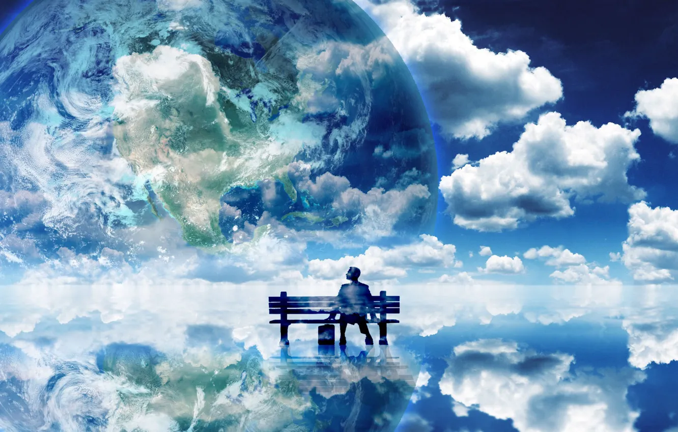 Photo wallpaper The sun, Clouds, Sea, Time, Bench, Planet, Shadow, Hope