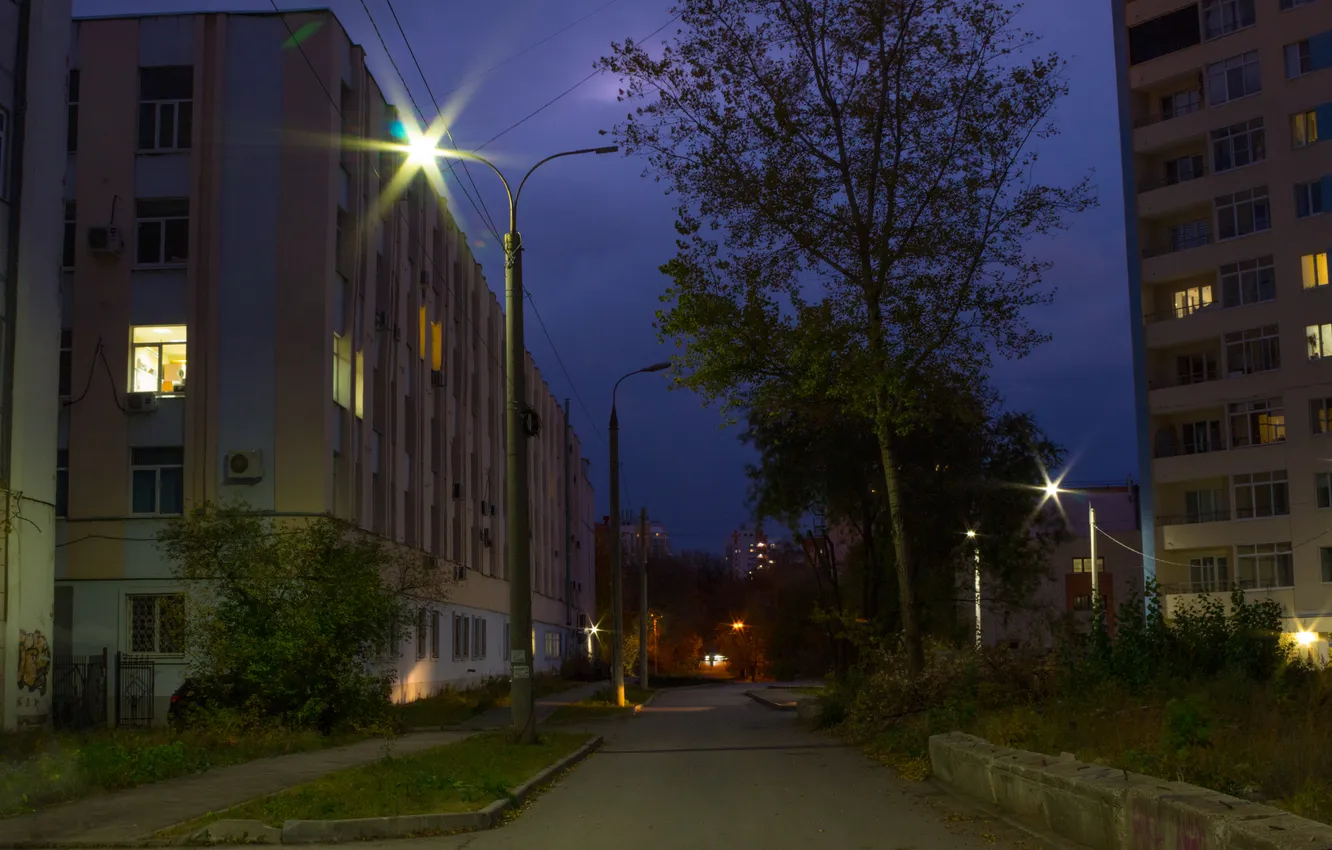 Photo wallpaper road, autumn, street, building, home, the evening, October, lights