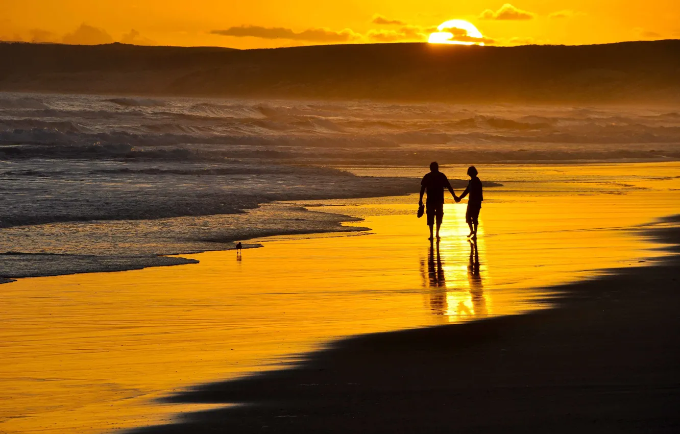 Photo wallpaper beach, girl, romance, the evening, guy, two, a romantic walk on the beach