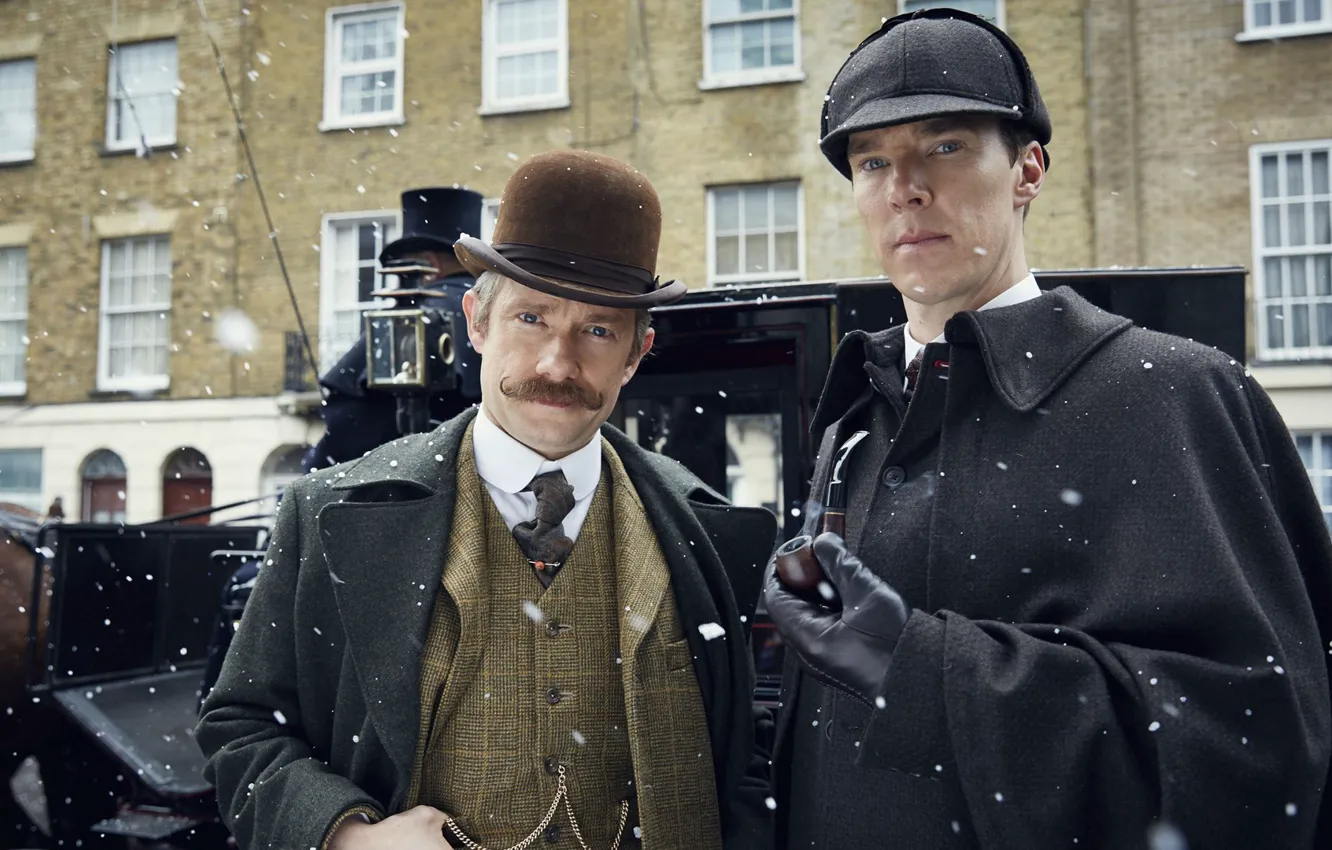 Photo wallpaper winter, snow, two, Sherlock Holmes, The bride, Martin Freeman, Benedict Cumberbatch, Sherlock