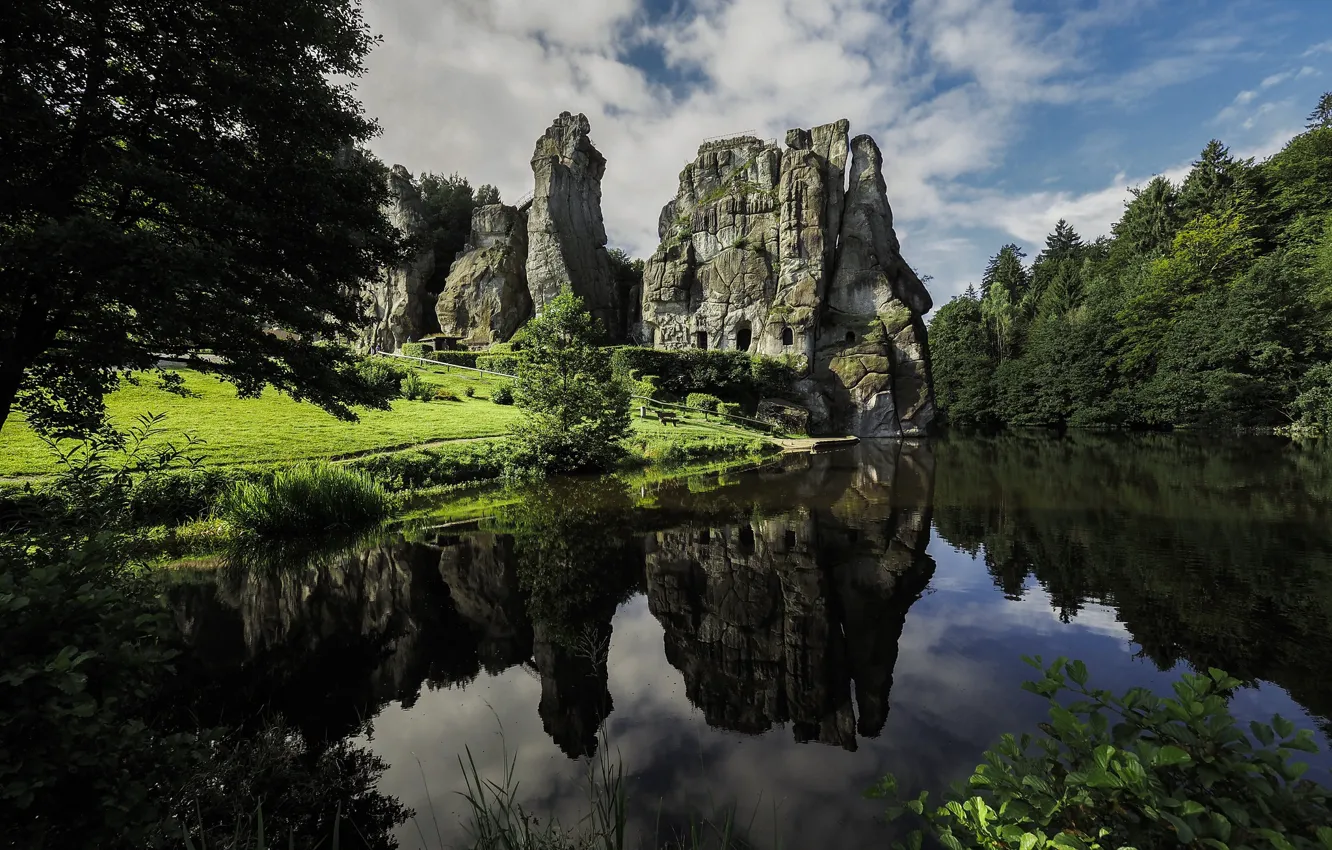 Photo wallpaper forest, clouds, branches, lake, reflection, stones, rocks, shore