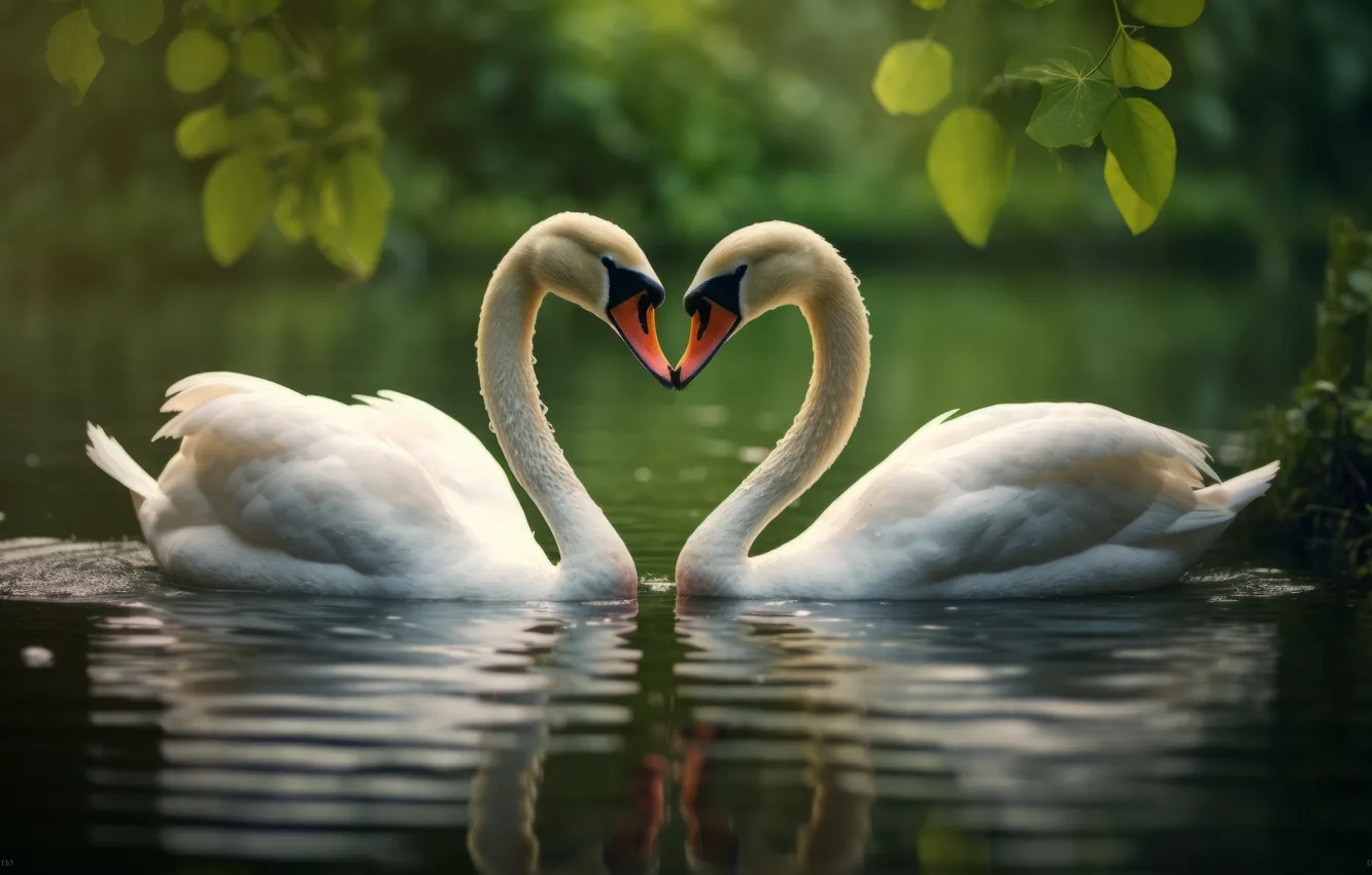 Photo wallpaper water, bird, heart, swans