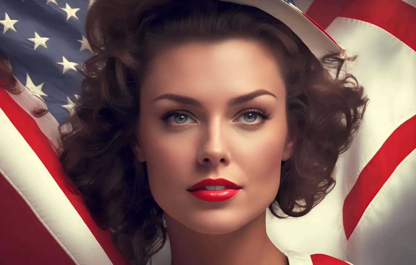 Photo wallpaper girl, face, flag, USA, America, American