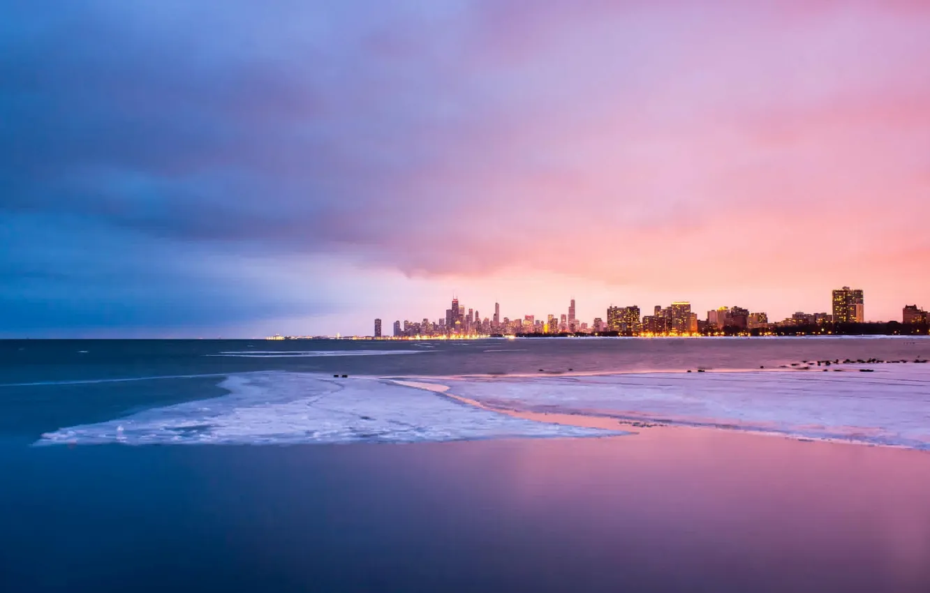 Photo wallpaper winter, snow, landscape, skyscrapers, Chicago, Michigan, panorama, USA