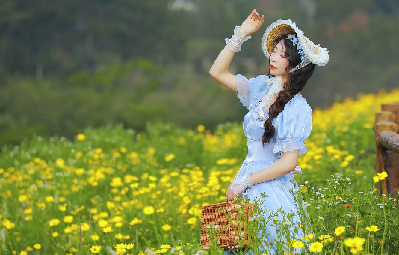 Photo wallpaper Beautiful, Asian, Model, Flowers, Woman, Hat, Cute, Pretty