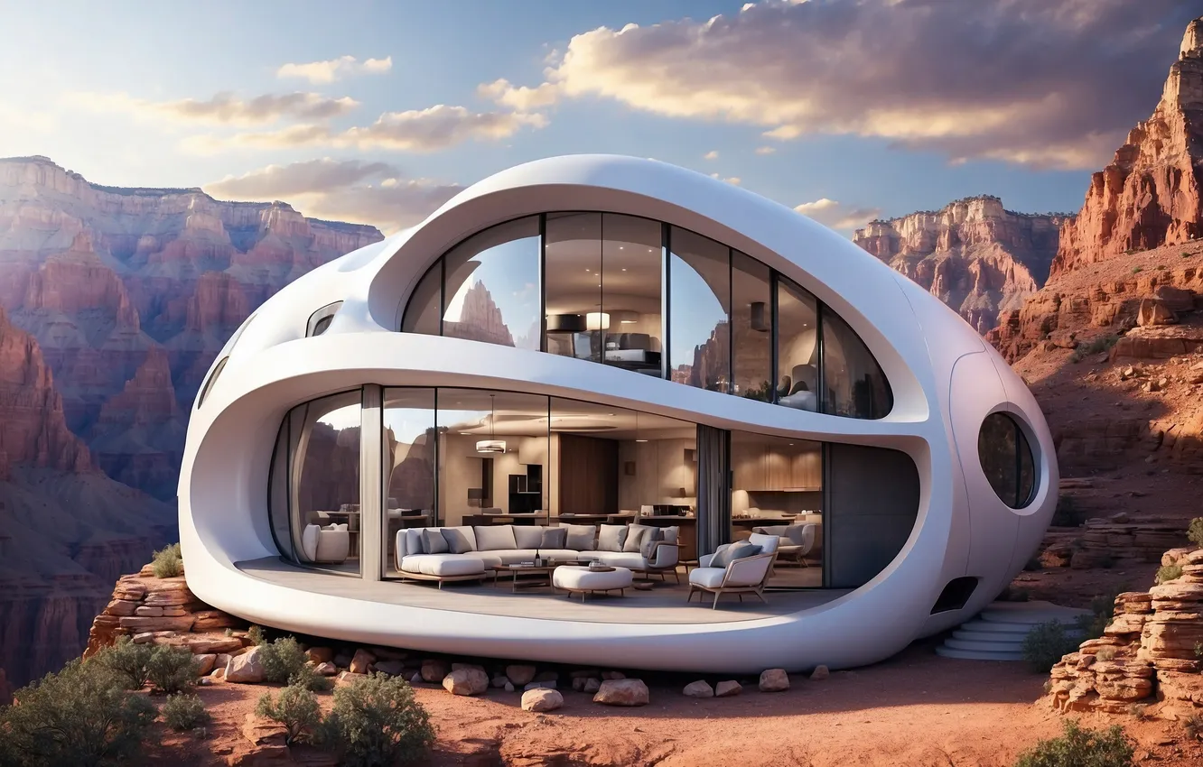 Photo wallpaper mountains, house, future, AI art