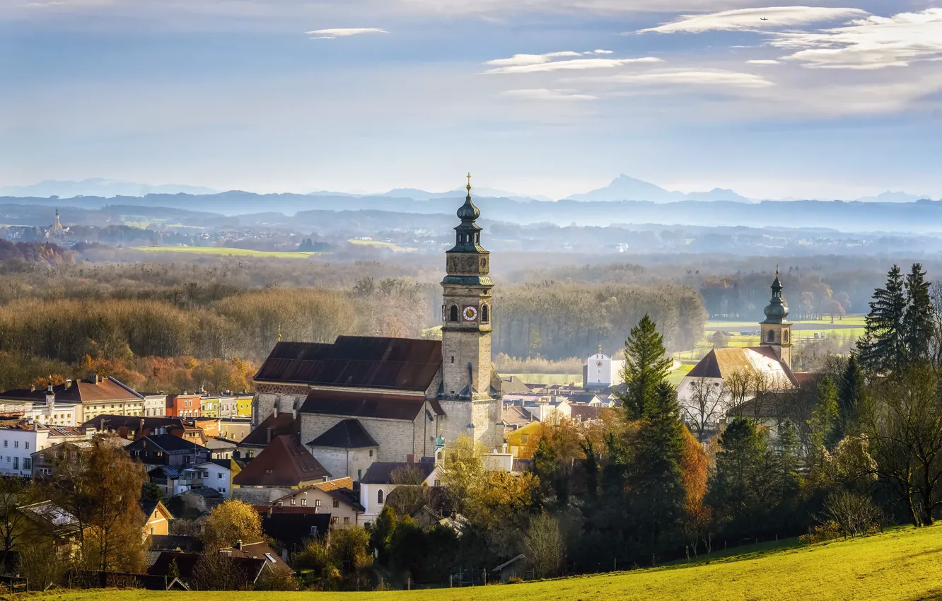 Photo wallpaper landscape, nature, home, Germany, Bayern, Church, town, forest