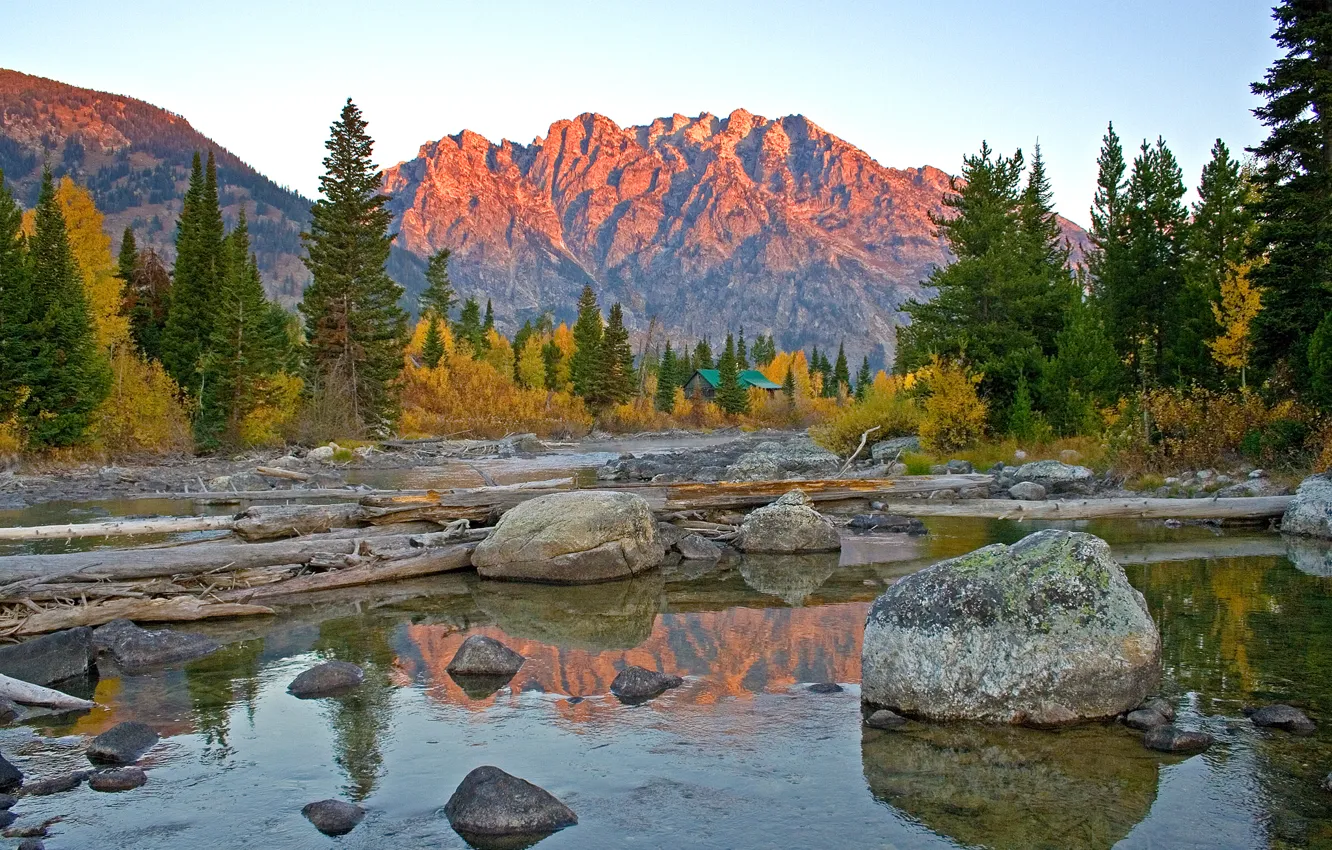 Photo wallpaper autumn, the sky, trees, sunset, mountains, lake, reflection, stones