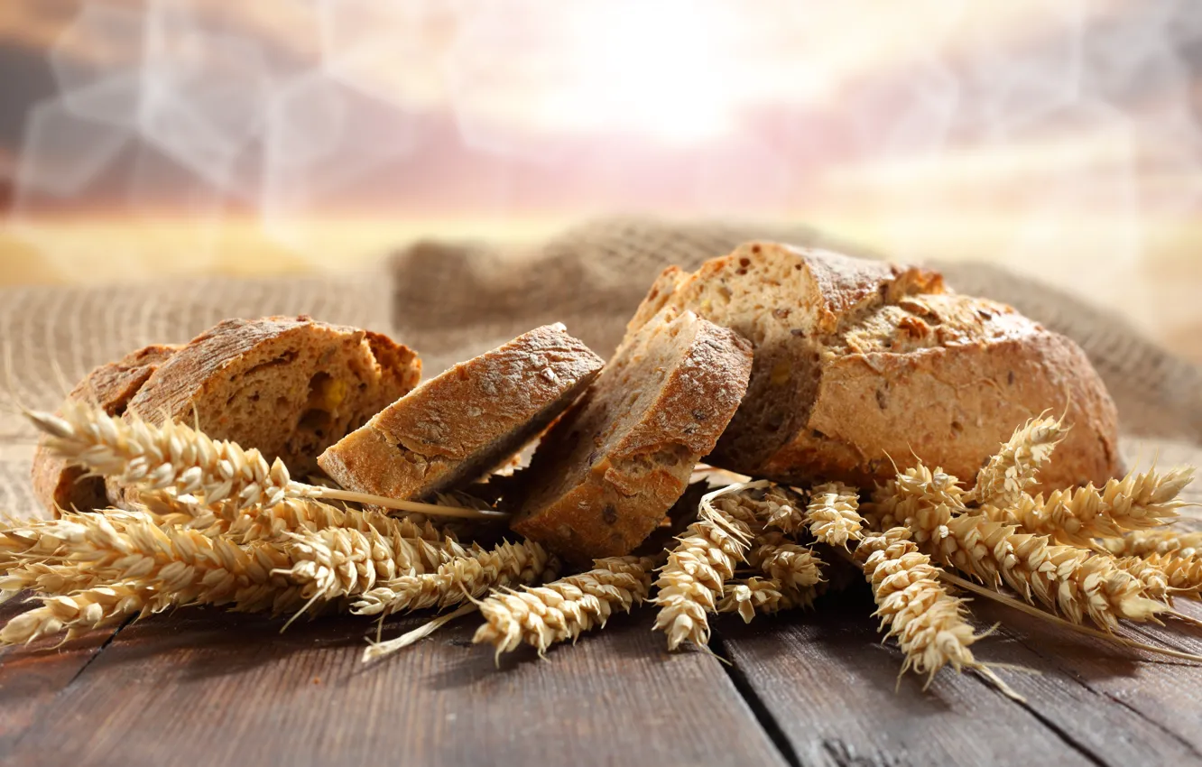 Photo wallpaper table, bread, ears, bokeh, chunks