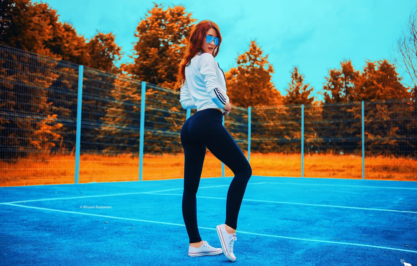 Photo wallpaper look, girl, trees, model, sneakers, portrait, makeup, figure