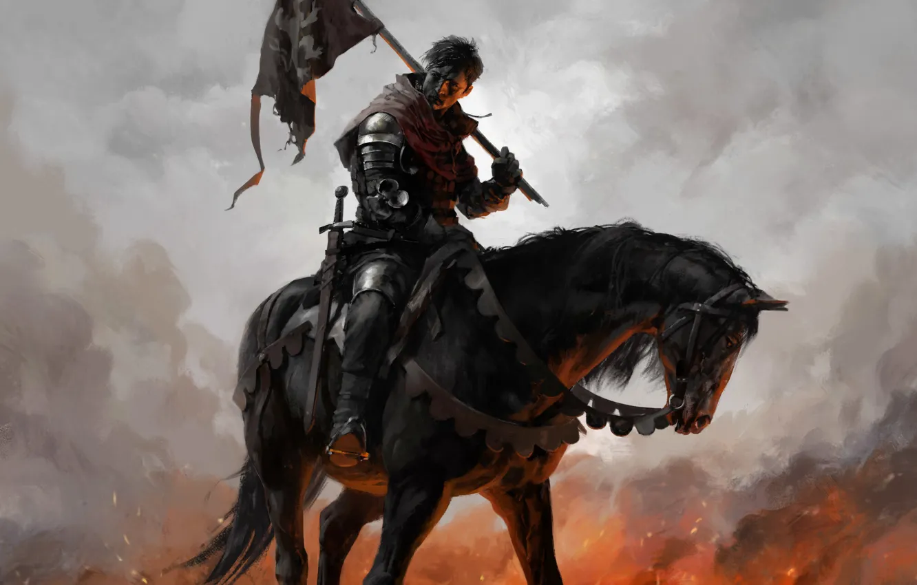 Photo wallpaper sword, armor, weapon, man, ken, blade, flag, horse