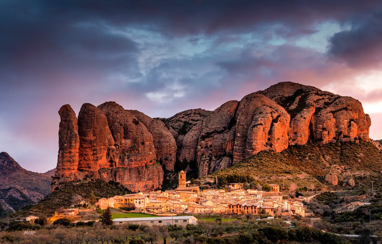 Photo wallpaper mountains, the city, Spain, Spain, Aguero village, Huesca province, Mallos de Agüero