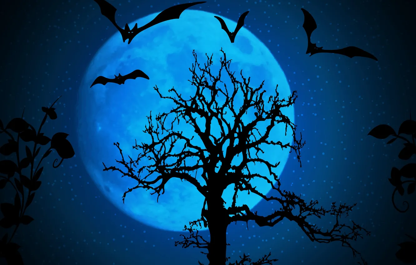 Photo wallpaper stars, night, tree, the inscription, the moon, bats, Halloween