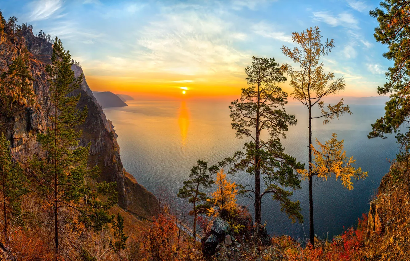 Photo wallpaper autumn, trees, sunset, lake, rocks, view, Russia, Lake Baikal