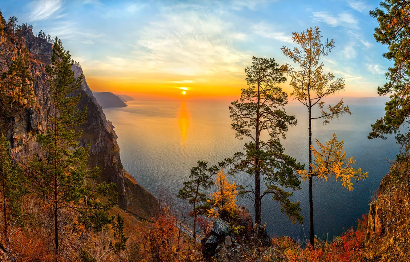 Photo wallpaper autumn, trees, sunset, rock, lake, view, Russia, Lake Baikal