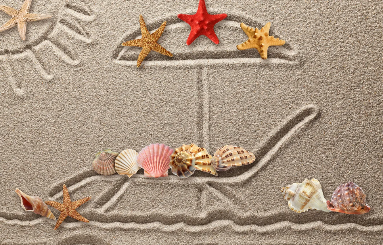 Photo wallpaper sand, figure, shell, texture, sand, drawing, starfish, seashells