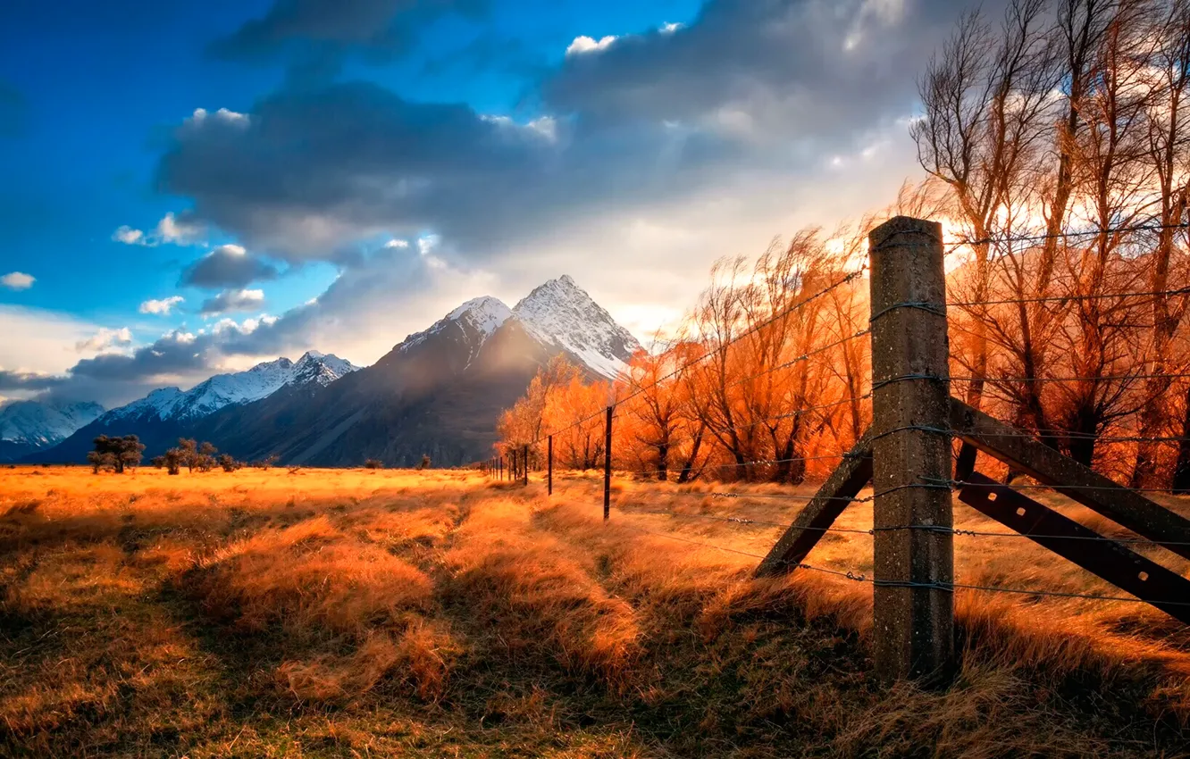 Photo wallpaper mountains, plain, New Zealand, Sunrise Breeze