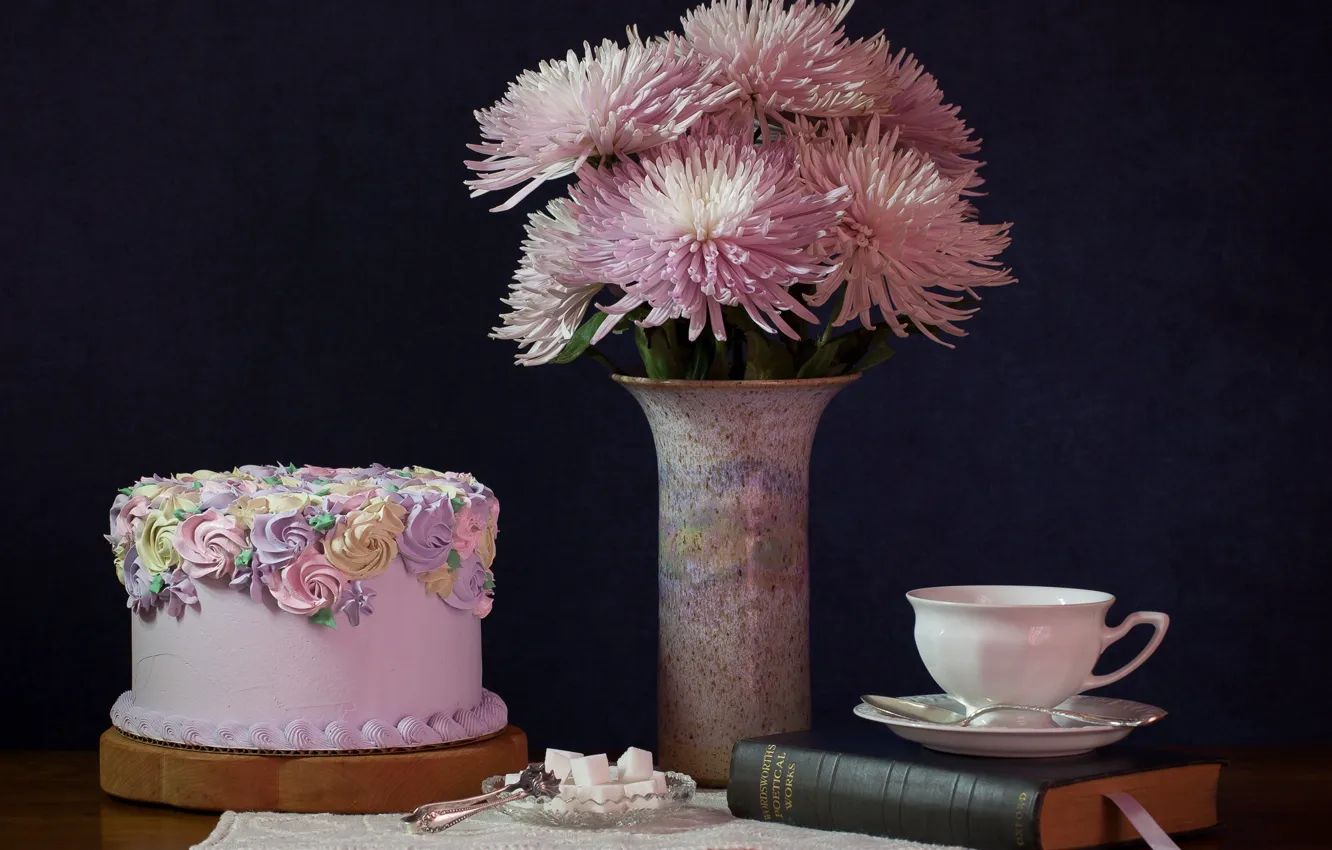 Photo wallpaper flowers, Cup, cake, asters